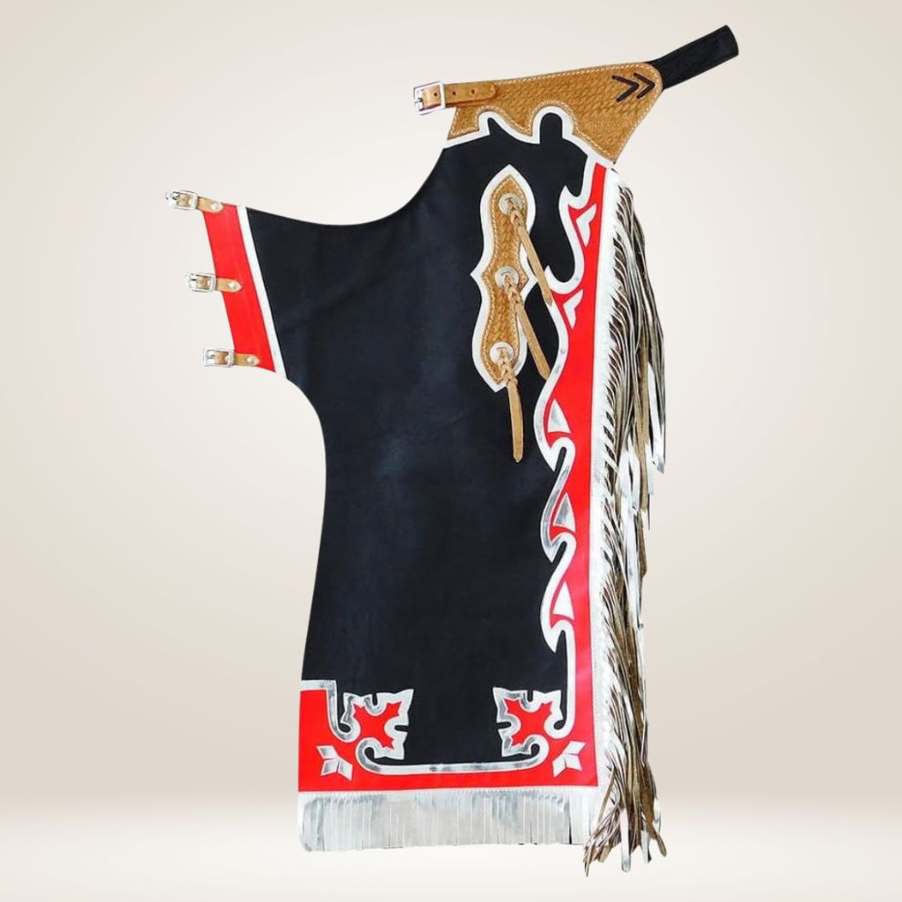 Traditional Native American dance regalia with black, red, and white patterns on a beige background