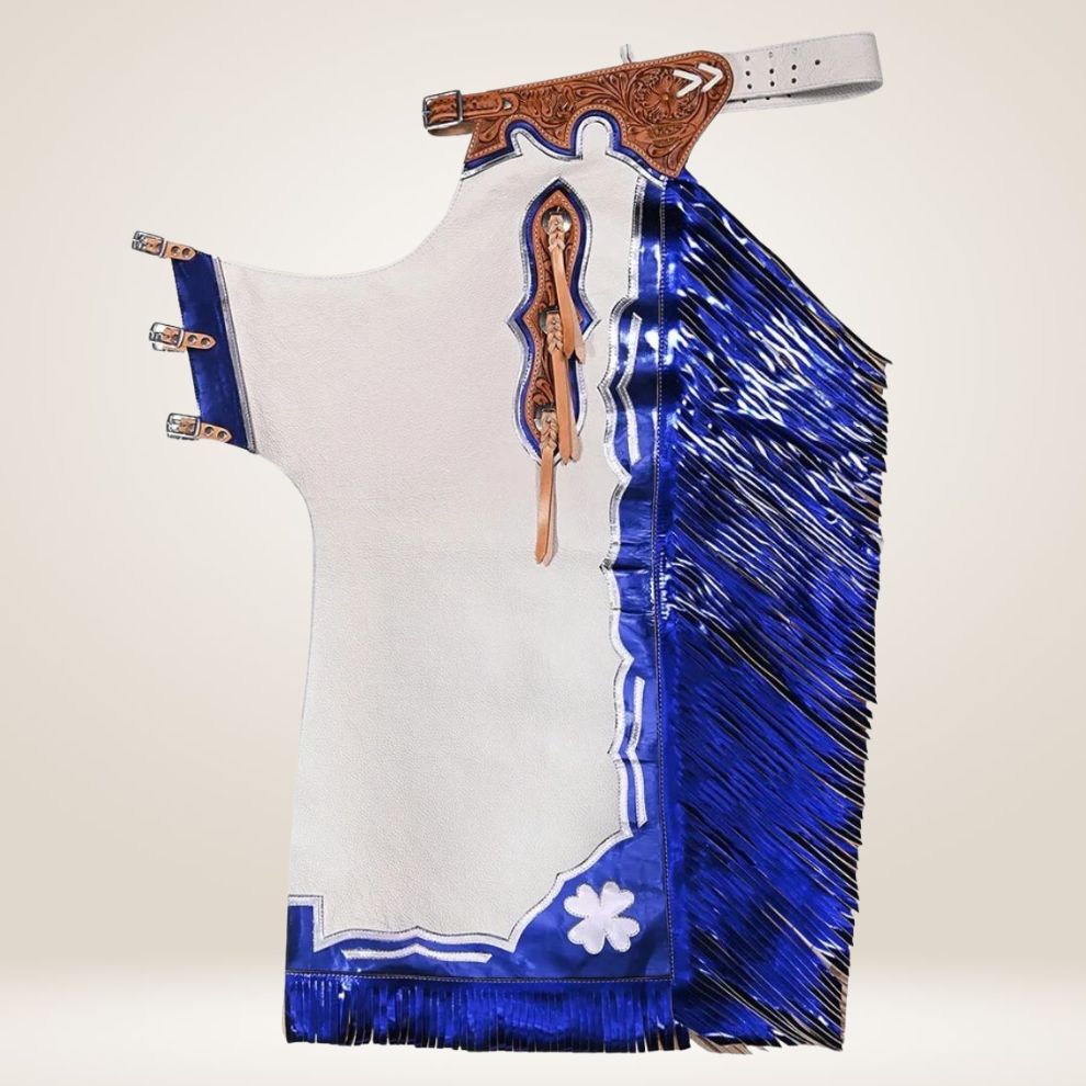 Traditional Native American regalia with blue fringe and white background