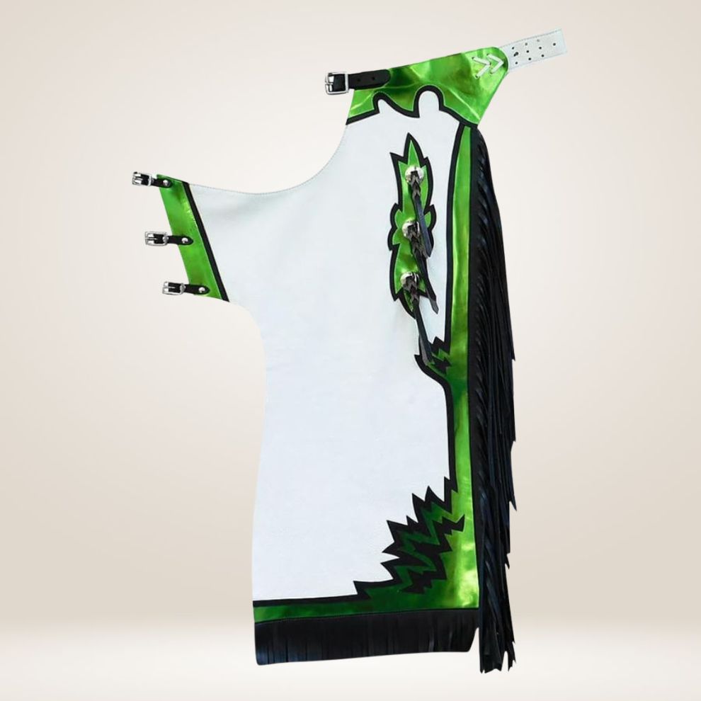 Green and black leather vest with white accents on a beige background