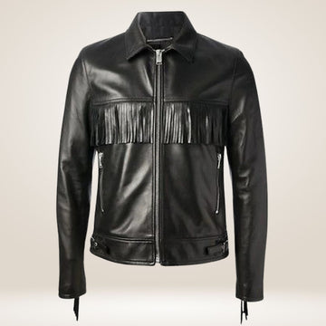 Black leather jacket with fringe details on a beige background