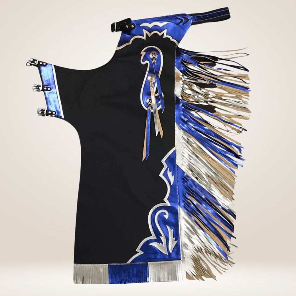 Black fringe dress with blue and silver accents on a beige background