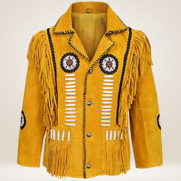 Yellow suede jacket with fringes and decorative elements on a white background
