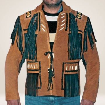 Men’s Tan Suede Western Fringe Jacket with Beads & Black Accents