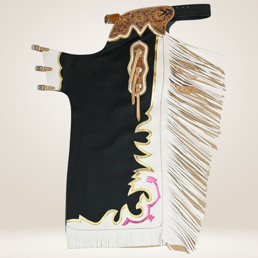 Decorative horse saddle blanket with intricate patterns and fringes on a light background