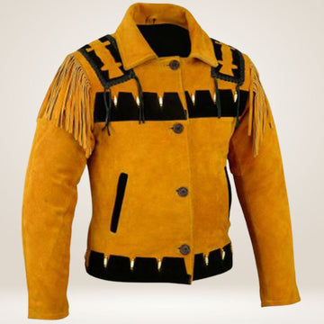 Yellow leather jacket with black accents and fringes on a white background