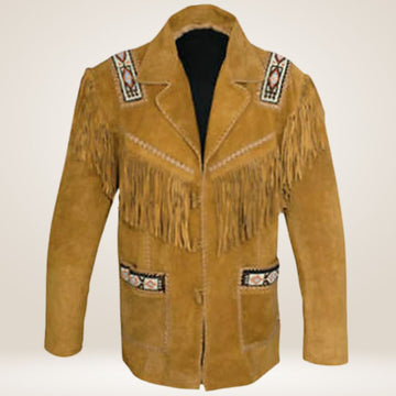 Brown leather coat with fringes and decorative patterns on a white background