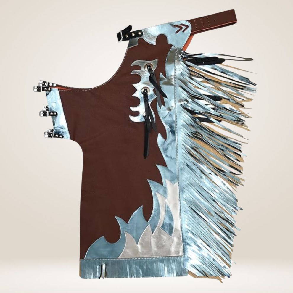 Brown apron with silver fringe and decorative elements on a beige background
