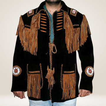 Traditional Native American style jacket with fringes and patterns on a plain background