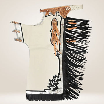 Premium White Rodeo Chaps with Black Fringe & Tooled Yoke