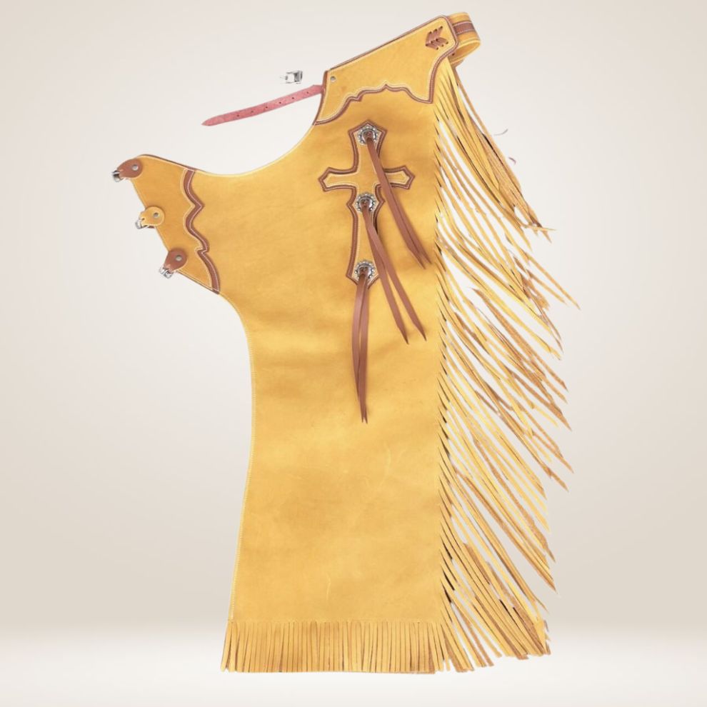 Yellow fringed leather dress with decorative elements on a light beige background