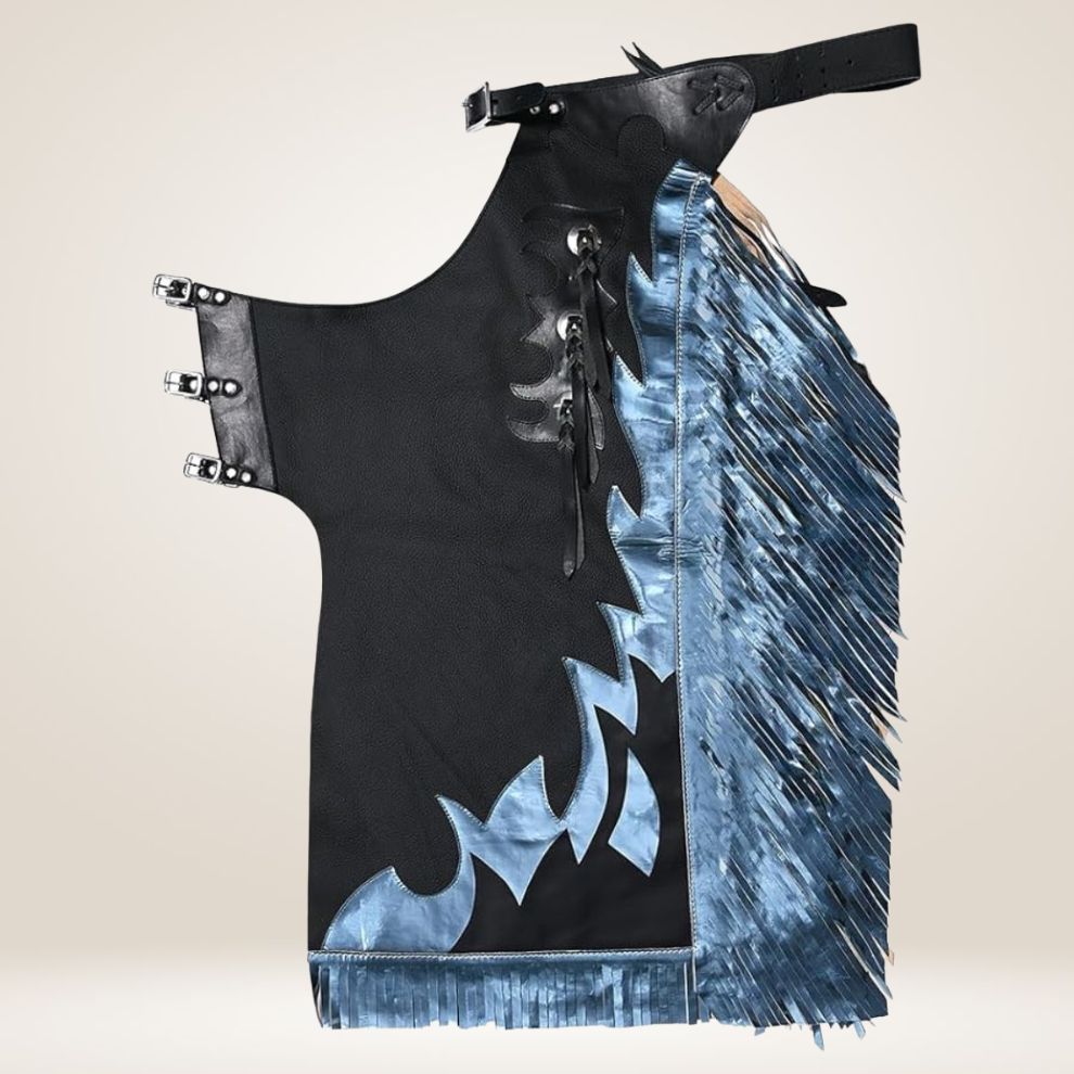 Black leather dress with blue denim fringes on a beige background