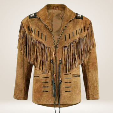 Brown suede jacket with fringes and decorative elements on a beige background