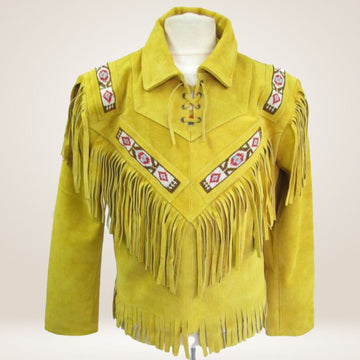 Yellow fringed jacket with decorative patterns on a white background