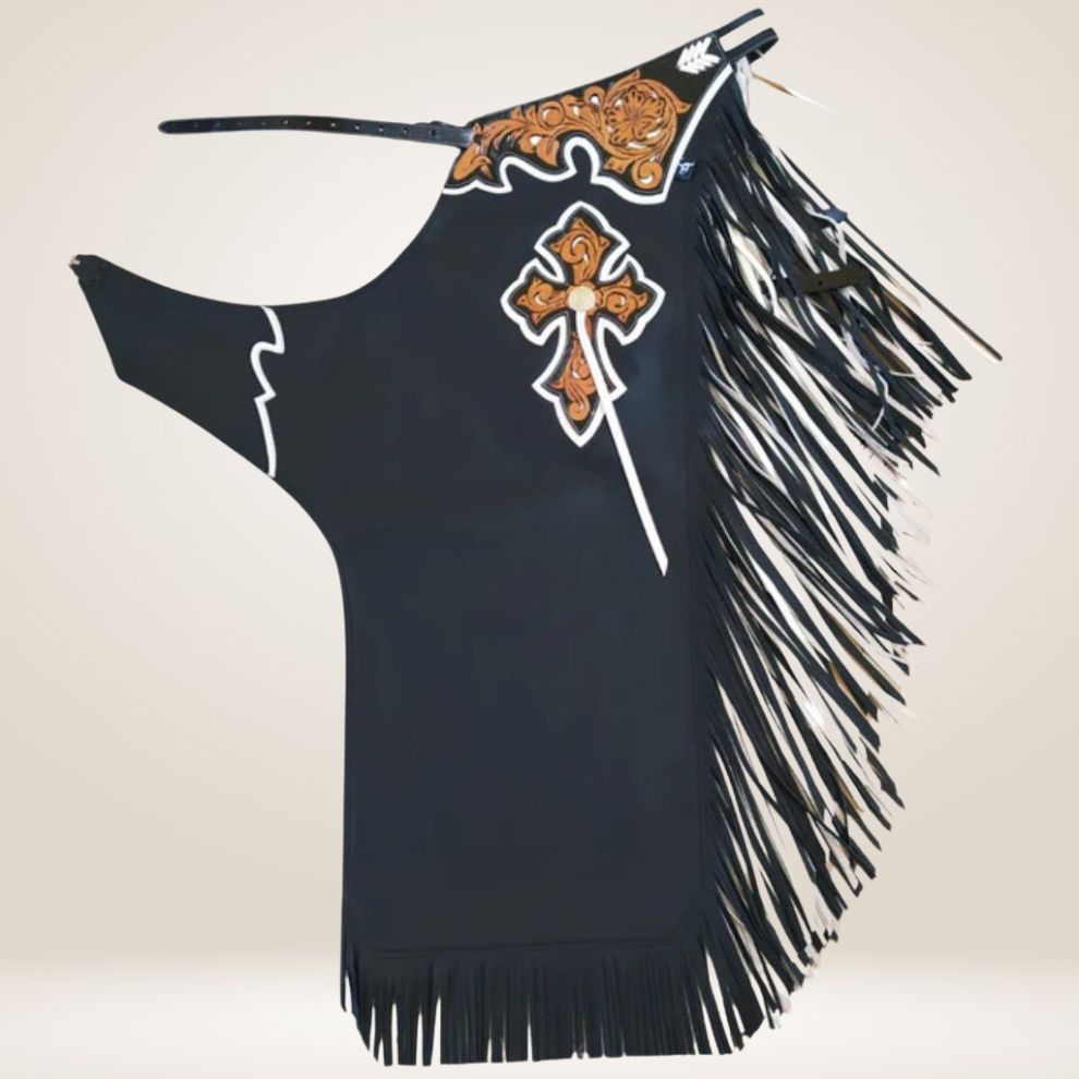 Black fringe chaps with decorative cross and patterns on a white background
