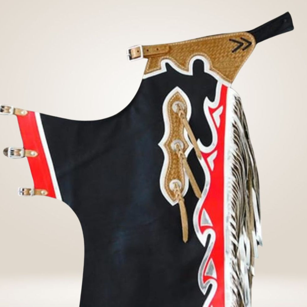 Decorative equestrian bridle with intricate designs on a plain background