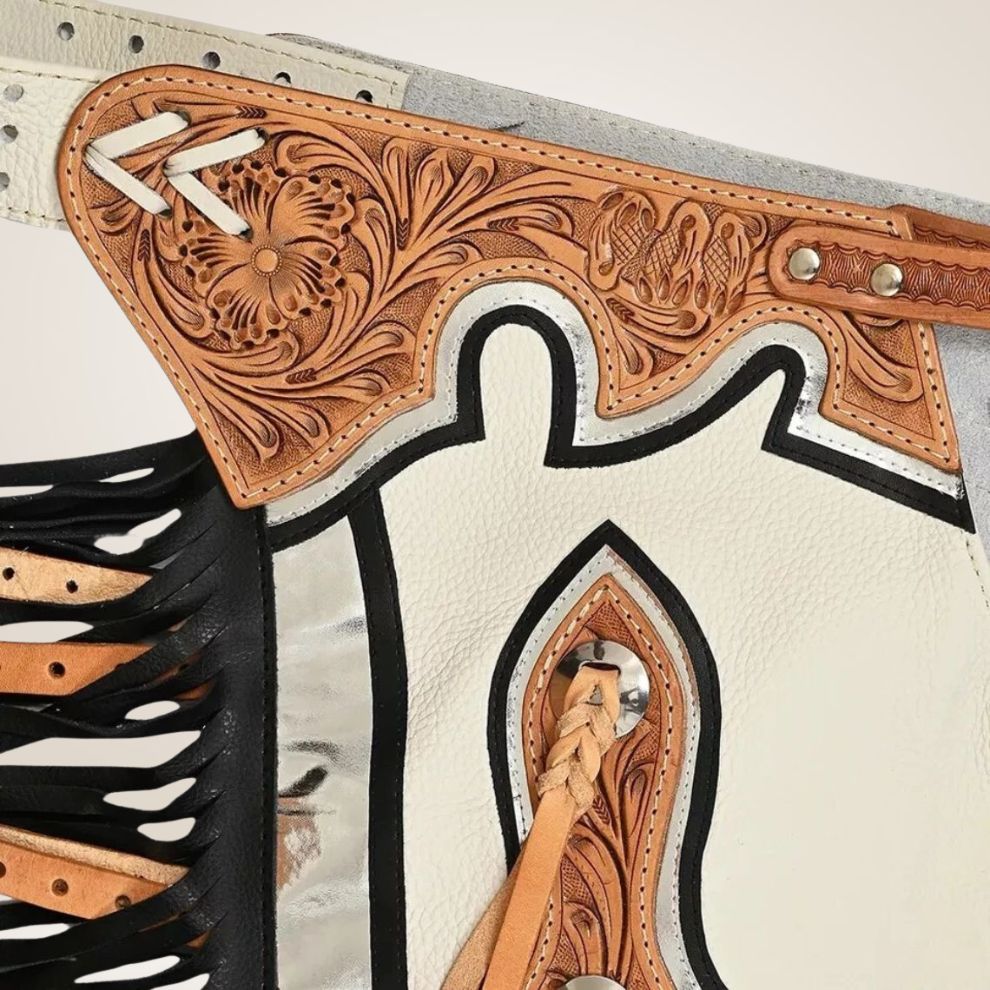 Premium White Rodeo Chaps with Black Fringe & Tooled Yoke