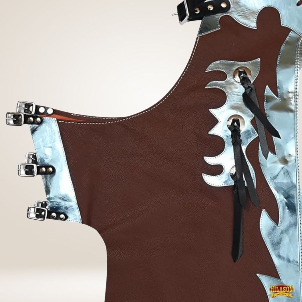 Brown leather apron with metal accents on a beige background