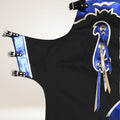 Black apron with blue and white rooster design on a white background