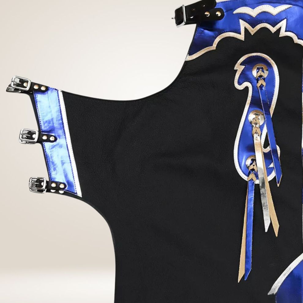 Black apron with blue and white rooster design on a white background