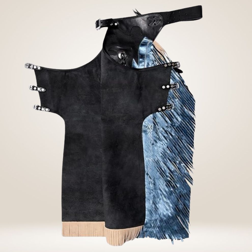 Black leather apron with blue accents on a beige background