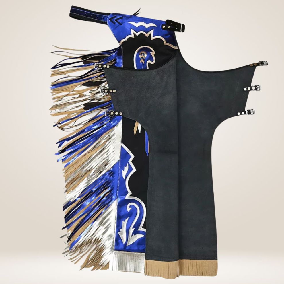 Black dance costume with blue and gold fringes on a beige background