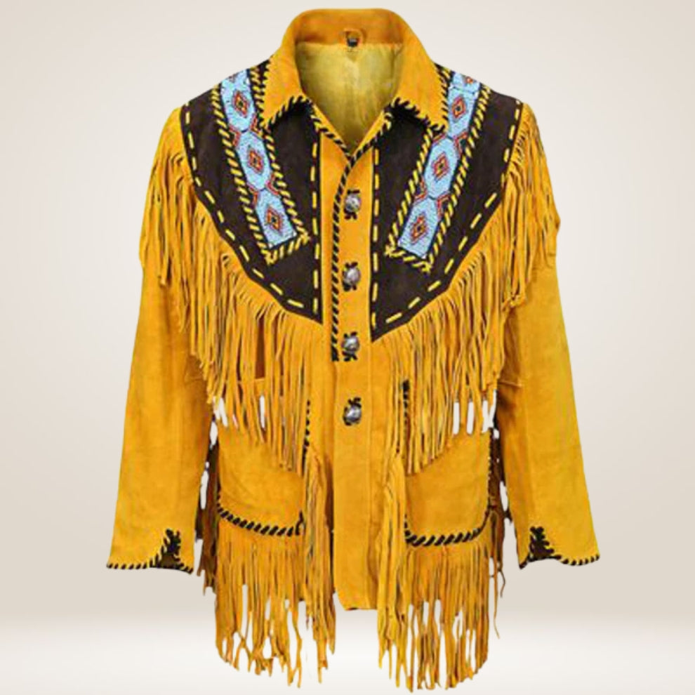 Yellow fringed jacket with decorative patterns on a white background