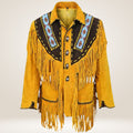 Yellow fringed jacket with decorative patterns on a white background