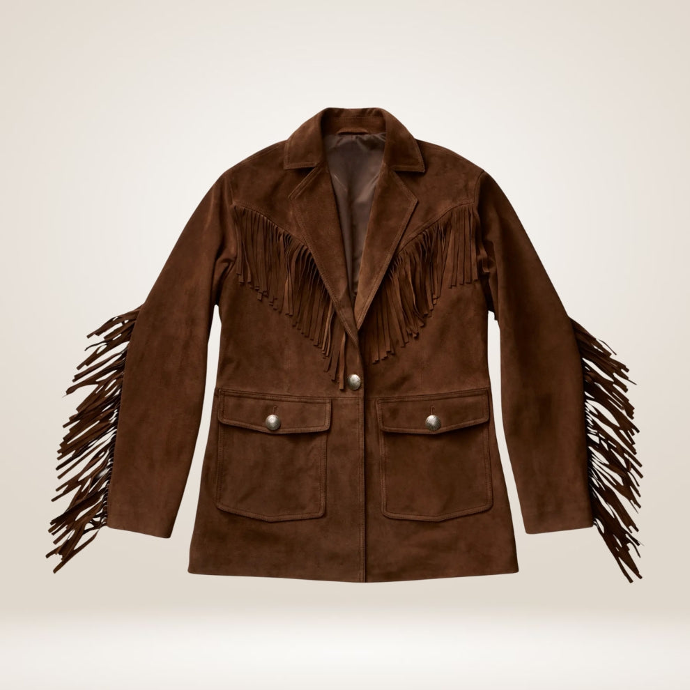 Brown suede jacket with fringes on a beige background