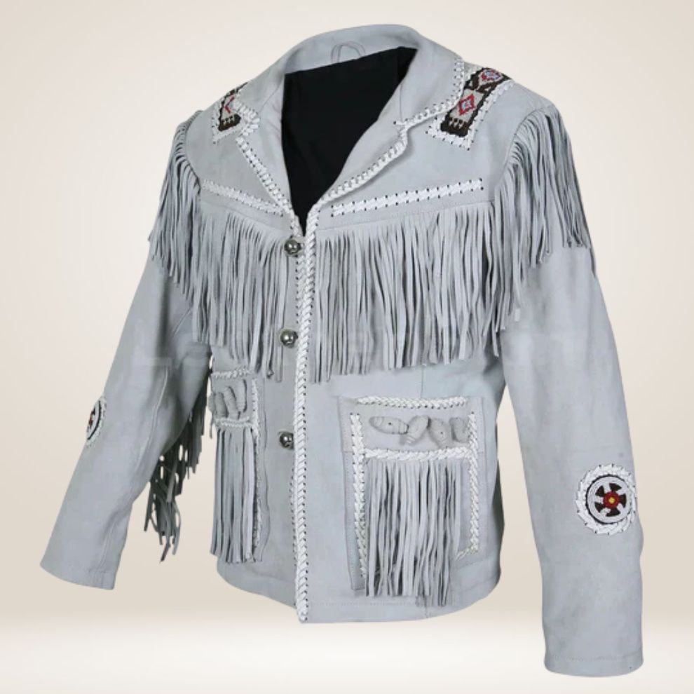Gray leather jacket with fringes and embroidery on a beige background