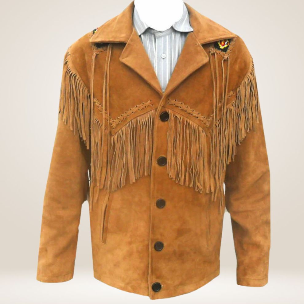 Brown suede COAT with fringes and buttons on a light beige background