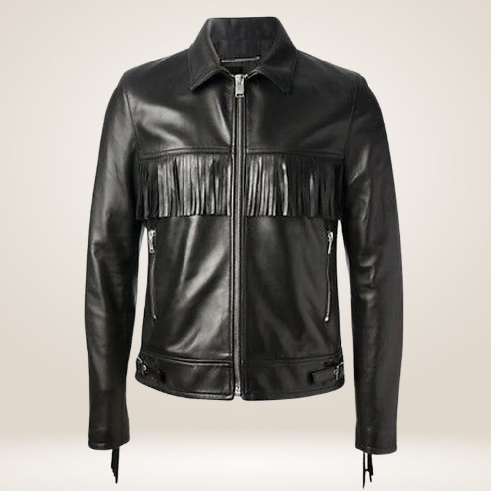 Black leather jacket with fringe details on a beige background