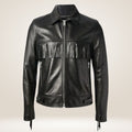 Black leather jacket with fringe details on a beige background