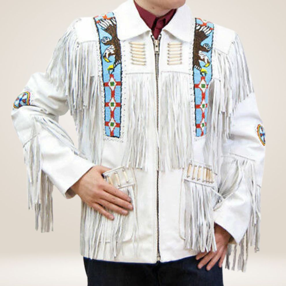 White fringed jacket with colorful patterns on a plain background