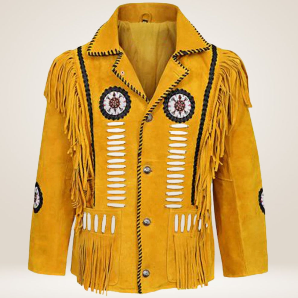 Yellow suede jacket with fringes and decorative elements on a white background