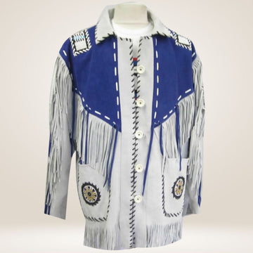 Men’s White & Blue Suede Leather Cowboy Jacket with Fringe & Beads