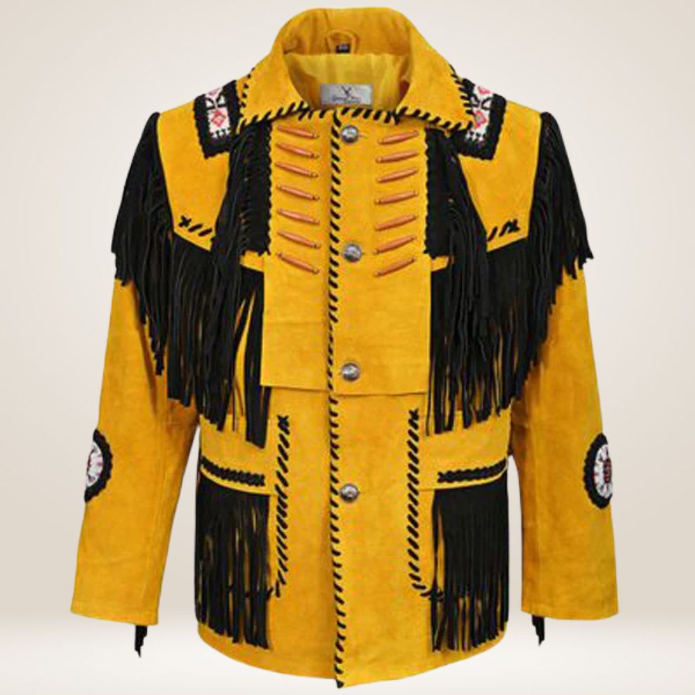 Yellow jacket with black fringes and decorative elements on a white background