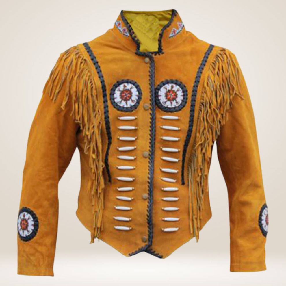 Traditional leather jacket with fringes and decorative elements on a beige background