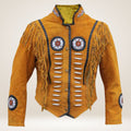 Traditional leather jacket with fringes and decorative elements on a beige background