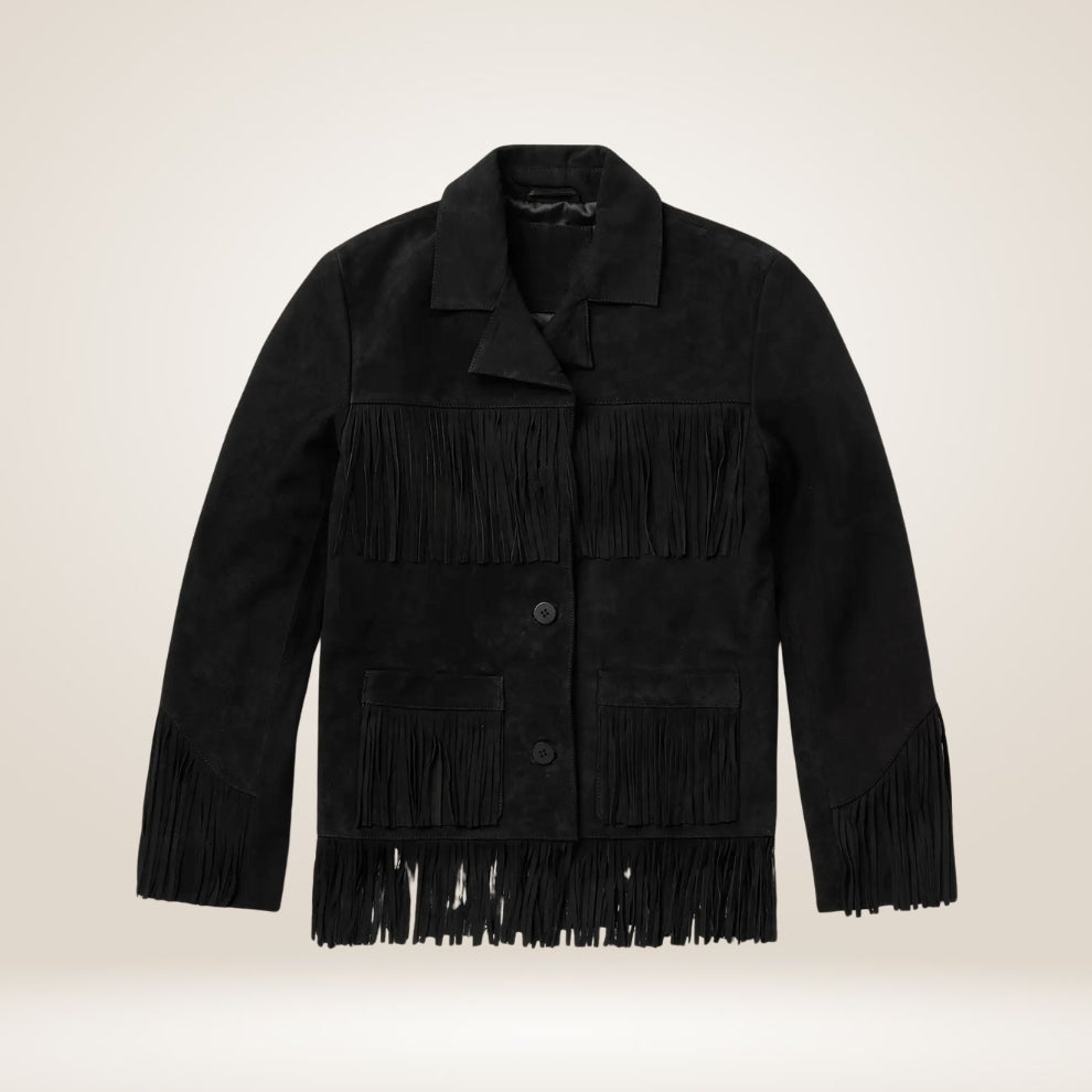 Black fringed jacket on a beige background