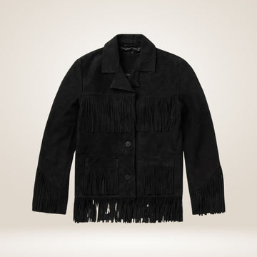 Black fringed jacket on a beige background