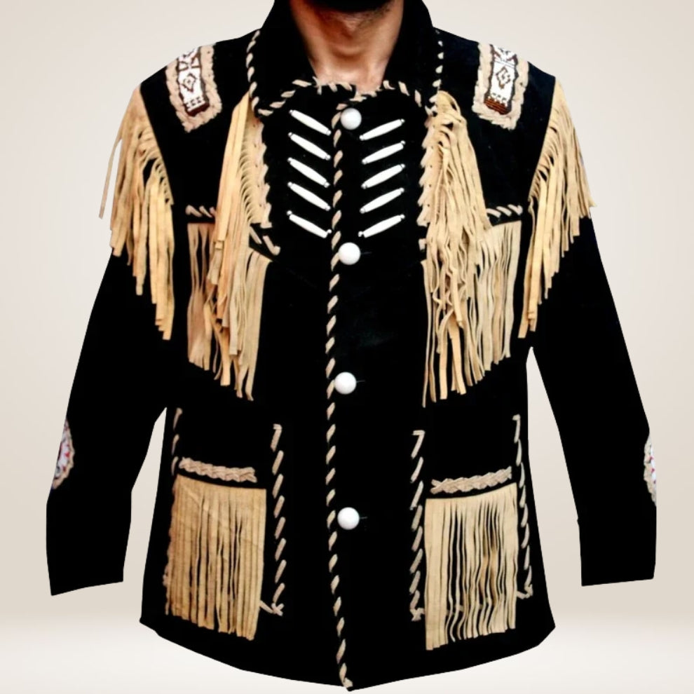 Black jacket with beige fringes and decorative patterns on a plain background