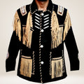 Black jacket with beige fringes and decorative patterns on a plain background