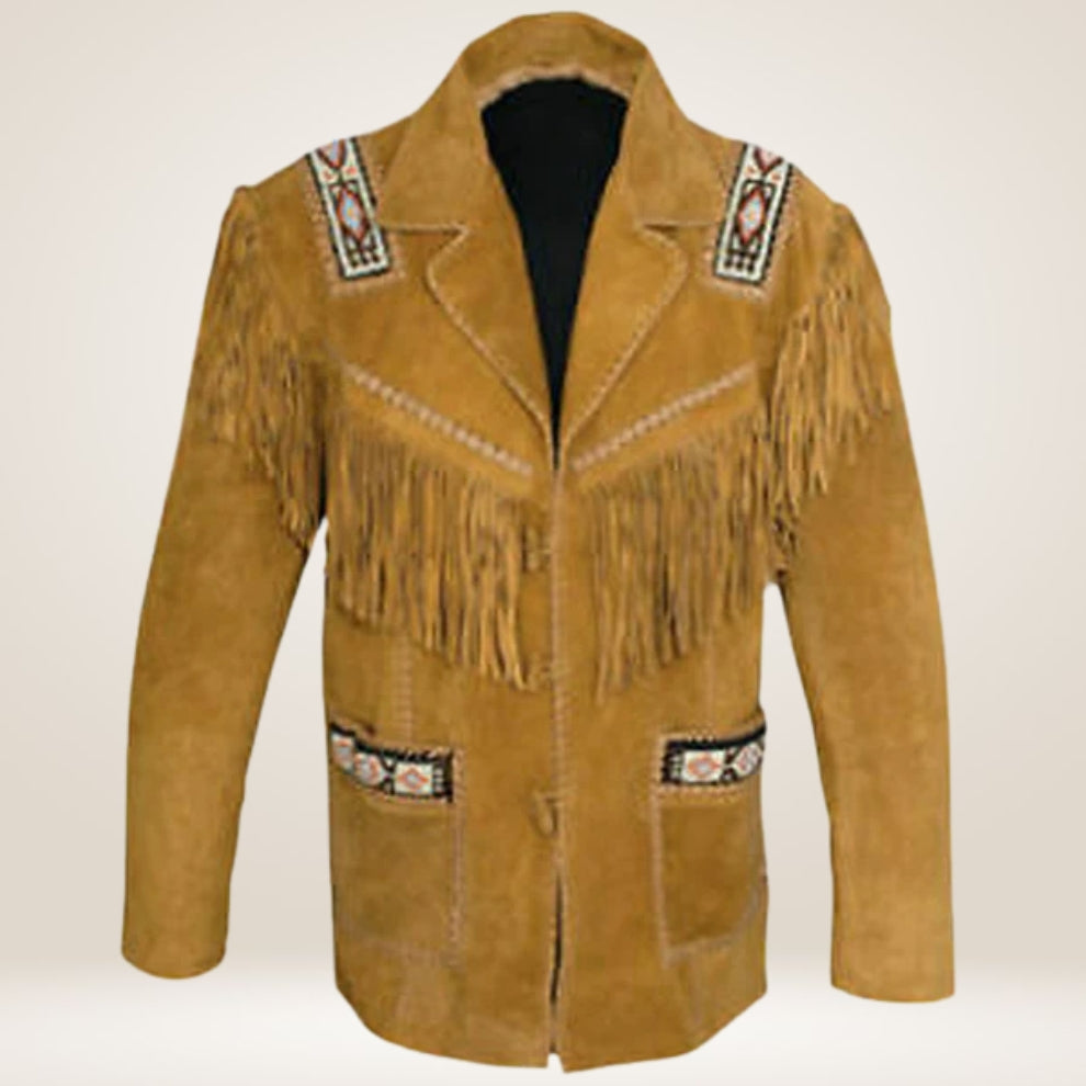 Brown leather coat with fringes and decorative patterns on a white background