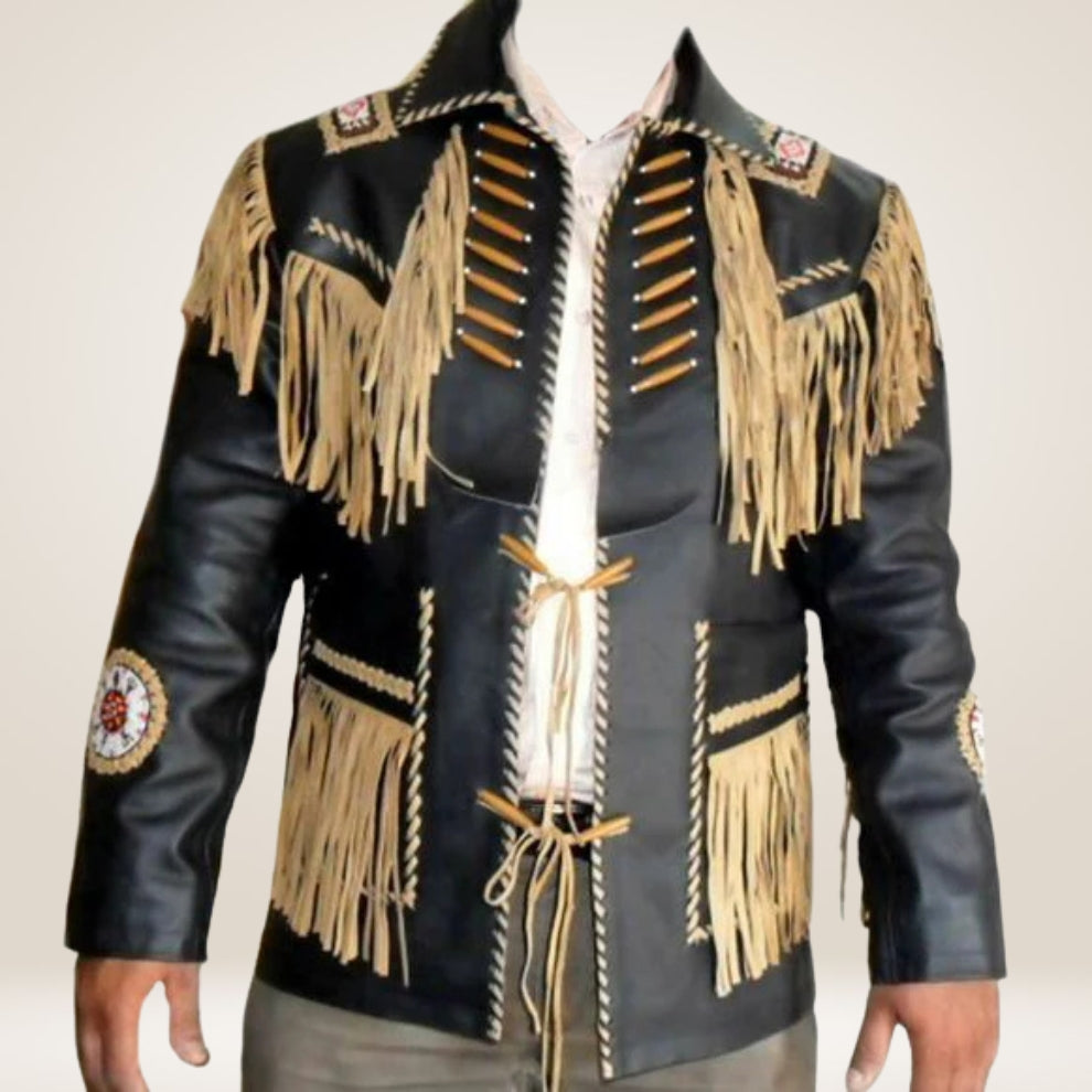 Black leather jacket with gold fringes and embroidery on a neutral background