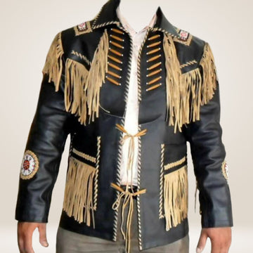 Black leather jacket with gold fringes and embroidery on a neutral background