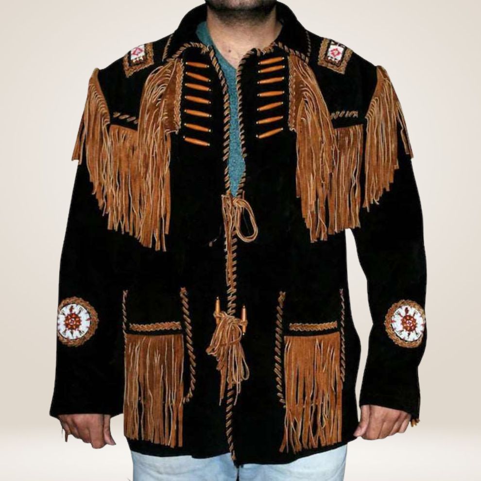 Traditional Native American style jacket with fringes and patterns on a plain background