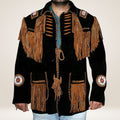 Traditional Native American style jacket with fringes and patterns on a plain background