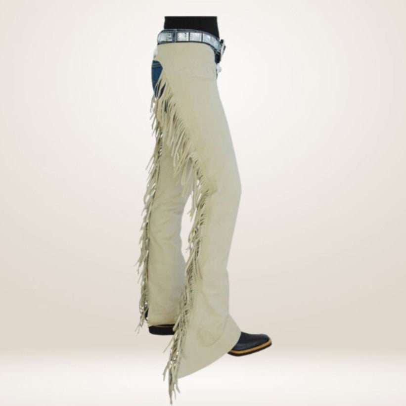 Beige fringed pants with a belt on a light beige background
