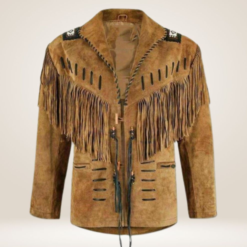 Brown suede jacket with fringes and decorative elements on a beige background