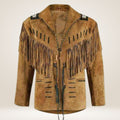 Brown suede jacket with fringes and decorative elements on a beige background